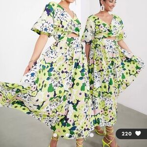 Multicolor Floral Wrap Linen Midi Dress